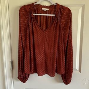 Current Air Dot Blouse Elastic Cuff Burnt Orange Size Small peasant V-Neck